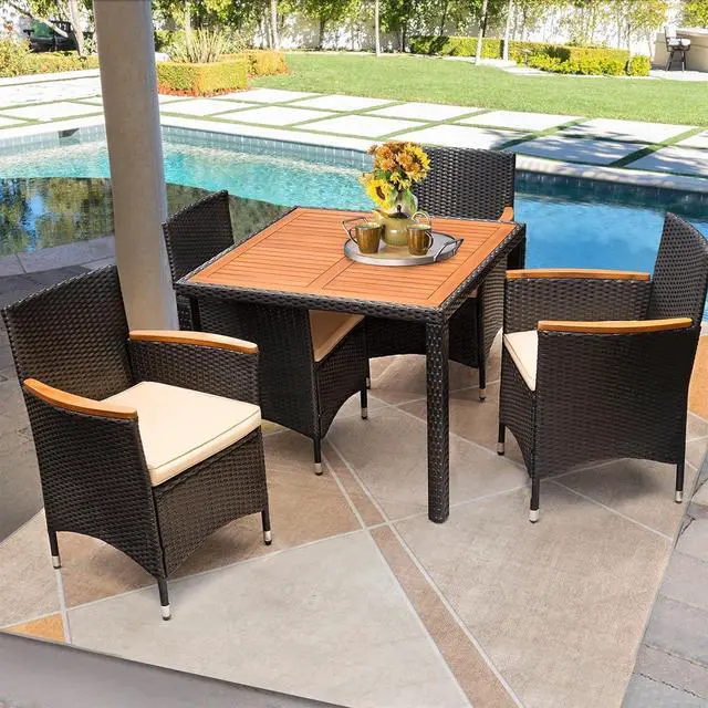 Alt view image 6 of 7 - 5 Piece Patio Dining Set Outdoor Acacia Wood Table and Chairs with Soft Cushions Wicker Patio Furniture for Deck, Backyard, Garden