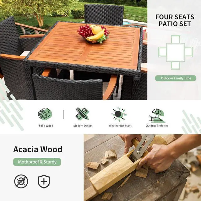 Alt view image 5 of 7 - 5 Piece Patio Dining Set Outdoor Acacia Wood Table and Chairs with Soft Cushions Wicker Patio Furniture for Deck, Backyard, Garden