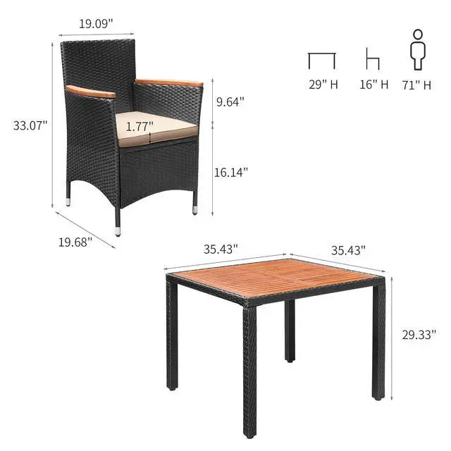 Alt view image 7 of 7 - 5 Piece Patio Dining Set Outdoor Acacia Wood Table and Chairs with Soft Cushions Wicker Patio Furniture for Deck, Backyard, Garden