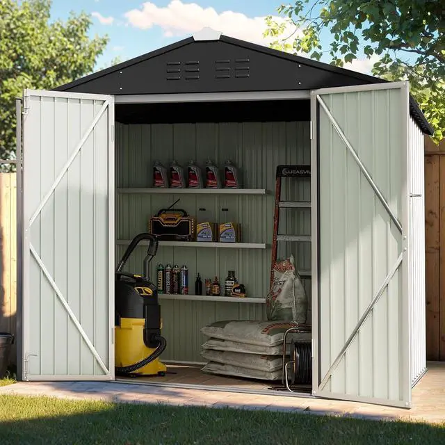 Alt view image 2 of 6 - 6 x 4 FT Shed Outdoor Storage Shed Metal Garden Shed with Lockable Door Outside Waterproof Tool Shed for Backyard, Patio, Lawn (White)