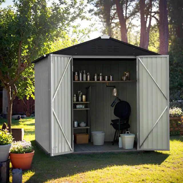 Alt view image 6 of 6 - 6 x 4 FT Shed Outdoor Storage Shed Metal Garden Shed with Lockable Door Outside Waterproof Tool Shed for Backyard, Patio, Lawn (White)