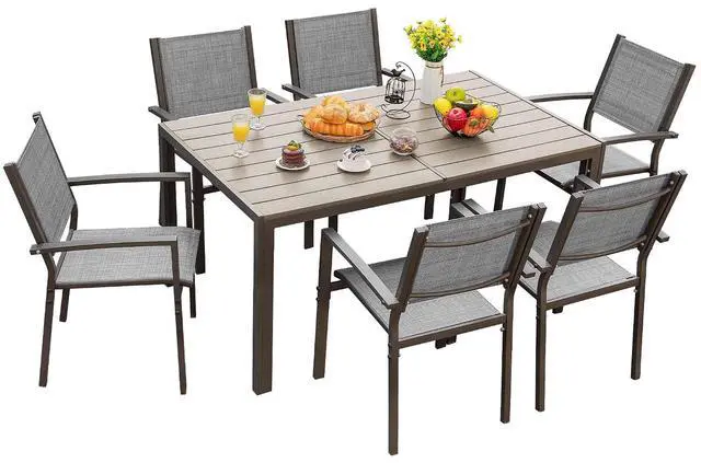 Main image of Patio Dining Set 7 Piece Metal Frame Outdoor Furniture with 6 Textilene Chairs and Rectangular Table Family Kitchen Conversation Set for Backyard, Lawn (Grey)