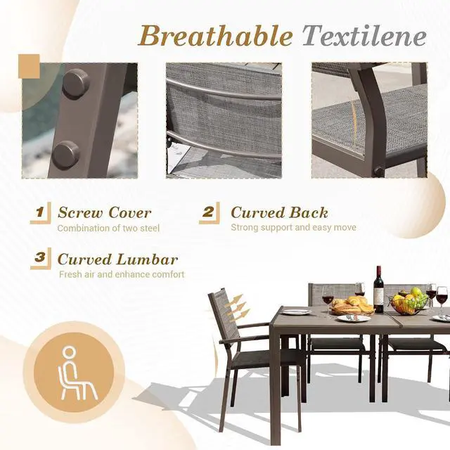 Alt view image 4 of 7 - Patio Dining Set 7 Piece Metal Frame Outdoor Furniture with 6 Textilene Chairs and Rectangular Table Family Kitchen Conversation Set for Backyard, Lawn (Grey)
