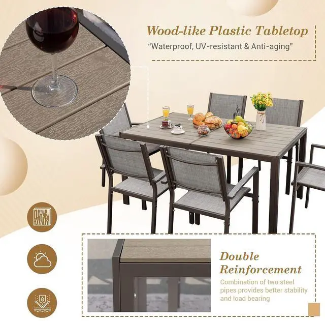 Alt view image 5 of 7 - Patio Dining Set 7 Piece Metal Frame Outdoor Furniture with 6 Textilene Chairs and Rectangular Table Family Kitchen Conversation Set for Backyard, Lawn (Grey)