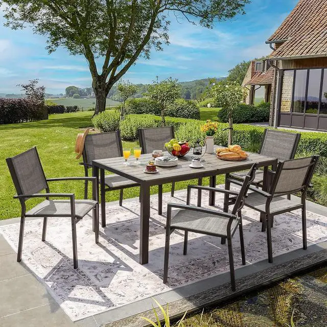 Alt view image 2 of 7 - Patio Dining Set 7 Piece Metal Frame Outdoor Furniture with 6 Textilene Chairs and Rectangular Table Family Kitchen Conversation Set for Backyard, Lawn (Grey)