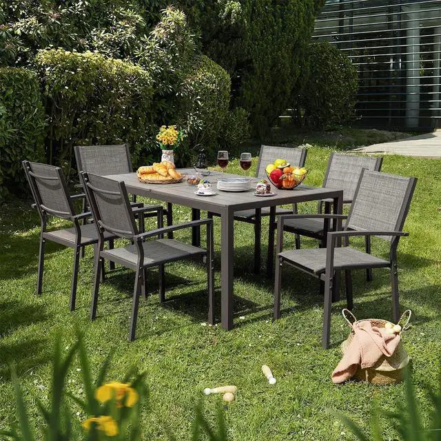 Alt view image 3 of 7 - Patio Dining Set 7 Piece Metal Frame Outdoor Furniture with 6 Textilene Chairs and Rectangular Table Family Kitchen Conversation Set for Backyard, Lawn (Grey)