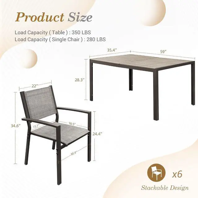 Alt view image 7 of 7 - Patio Dining Set 7 Piece Metal Frame Outdoor Furniture with 6 Textilene Chairs and Rectangular Table Family Kitchen Conversation Set for Backyard, Lawn (Grey)