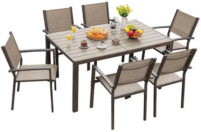 Main image of Patio Dining Set 7 Piece Metal Frame Outdoor Furniture with 6 Textilene Chairs and Rectangular Table Family Kitchen Conversation Set for Backyard, Lawn (Brown)