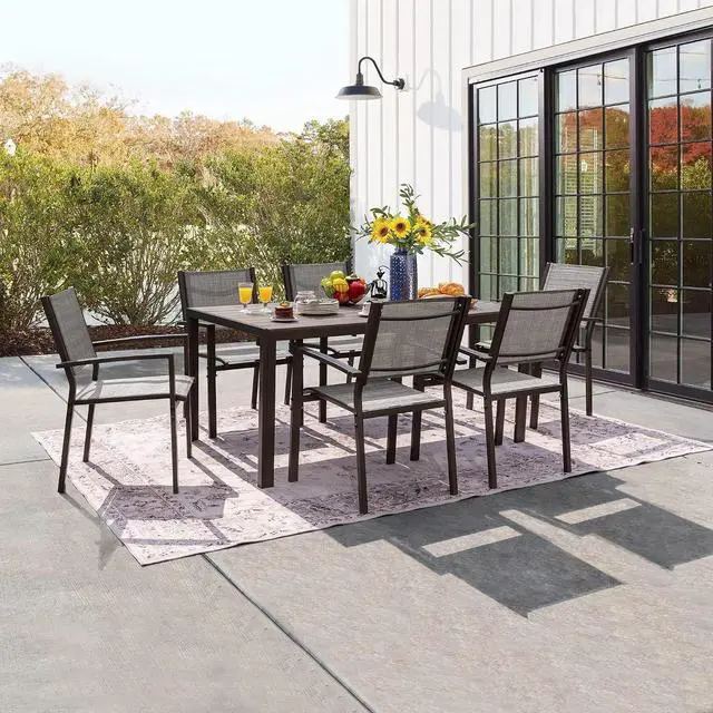 Alt view image 6 of 7 - Patio Dining Set 7 Piece Metal Frame Outdoor Furniture with 6 Textilene Chairs and Rectangular Table Family Kitchen Conversation Set for Backyard, Lawn (Grey)