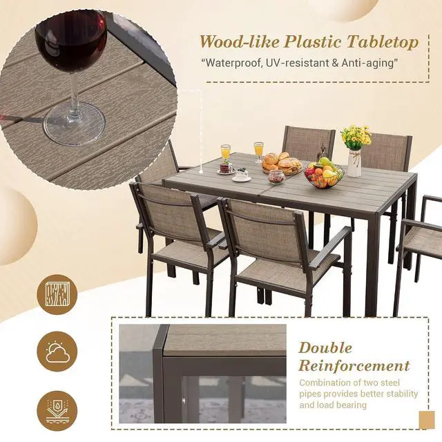Alt view image 3 of 7 - Patio Dining Set 7 Piece Metal Frame Outdoor Furniture with 6 Textilene Chairs and Rectangular Table Family Kitchen Conversation Set for Backyard, Lawn (Brown)