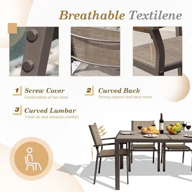 Alt view image 4 of 7 - Patio Dining Set 7 Piece Metal Frame Outdoor Furniture with 6 Textilene Chairs and Rectangular Table Family Kitchen Conversation Set for Backyard, Lawn (Brown)