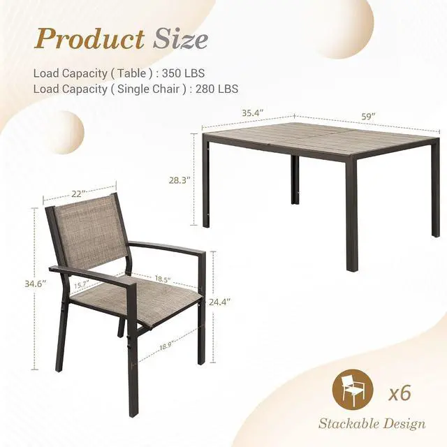 Alt view image 7 of 7 - Patio Dining Set 7 Piece Metal Frame Outdoor Furniture with 6 Textilene Chairs and Rectangular Table Family Kitchen Conversation Set for Backyard, Lawn (Brown)