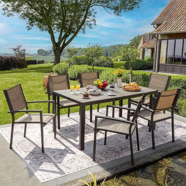 Alt view image 2 of 7 - Patio Dining Set 7 Piece Metal Frame Outdoor Furniture with 6 Textilene Chairs and Rectangular Table Family Kitchen Conversation Set for Backyard, Lawn (Brown)