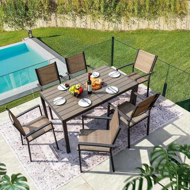 Alt view image 6 of 7 - Patio Dining Set 7 Piece Metal Frame Outdoor Furniture with 6 Textilene Chairs and Rectangular Table Family Kitchen Conversation Set for Backyard, Lawn (Brown)