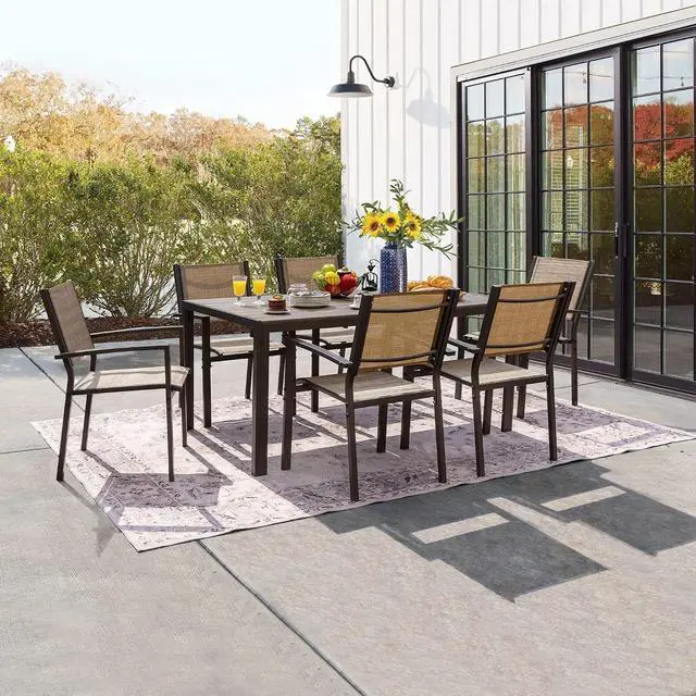Alt view image 5 of 7 - Patio Dining Set 7 Piece Metal Frame Outdoor Furniture with 6 Textilene Chairs and Rectangular Table Family Kitchen Conversation Set for Backyard, Lawn (Brown)