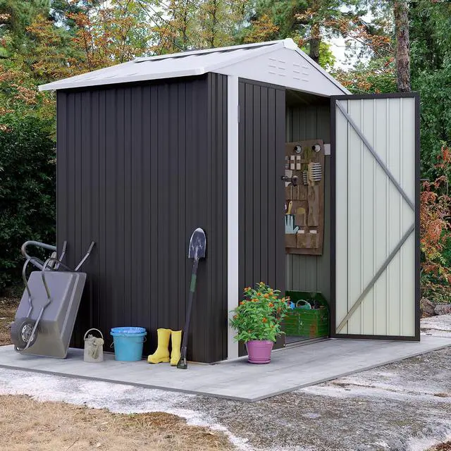 Alt view image 2 of 7 - 6x4 FT Storage Shed Waterproof Metal Garden Shed with Lockable Door Utility Tool Shed Outdoor Storage for Backyard, Patio and Lawn, Grey
