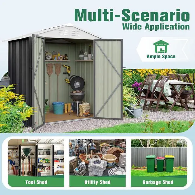 Alt view image 7 of 7 - 6x4 FT Storage Shed Waterproof Metal Garden Shed with Lockable Door Utility Tool Shed Outdoor Storage for Backyard, Patio and Lawn, Grey