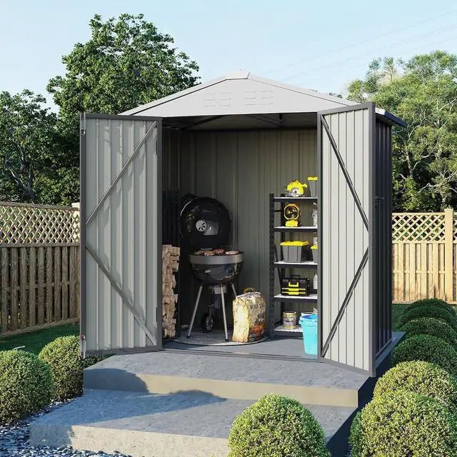 Alt view image 6 of 7 - 6x4 FT Storage Shed Waterproof Metal Garden Shed with Lockable Door Utility Tool Shed Outdoor Storage for Backyard, Patio and Lawn, Grey
