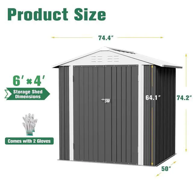 Alt view image 5 of 7 - 6x4 FT Storage Shed Waterproof Metal Garden Shed with Lockable Door Utility Tool Shed Outdoor Storage for Backyard, Patio and Lawn, Grey