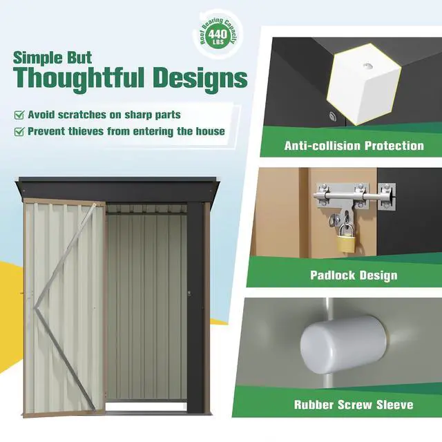 Alt view image 4 of 7 - 5x3 FT Storage Shed Waterproof Metal Garden Shed with Lockable Door Utility Tool Shed Outdoor Storage for Backyard, Patio and Lawn, Brown