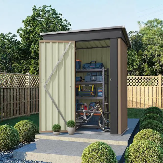 Alt view image 2 of 7 - 5x3 FT Storage Shed Waterproof Metal Garden Shed with Lockable Door Utility Tool Shed Outdoor Storage for Backyard, Patio and Lawn, Brown