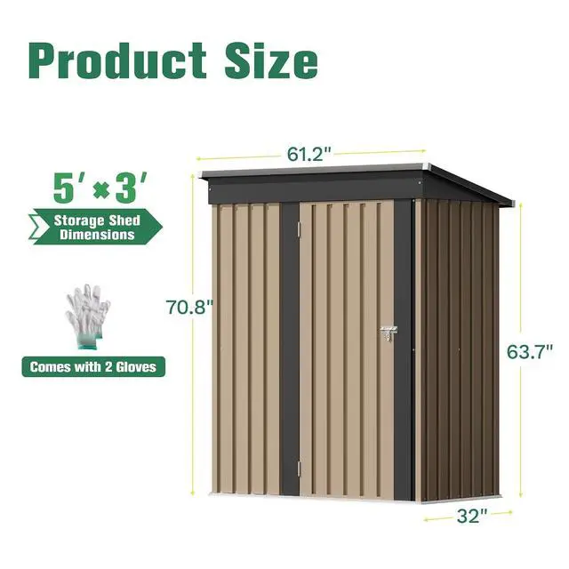 Alt view image 5 of 7 - 5x3 FT Storage Shed Waterproof Metal Garden Shed with Lockable Door Utility Tool Shed Outdoor Storage for Backyard, Patio and Lawn, Brown