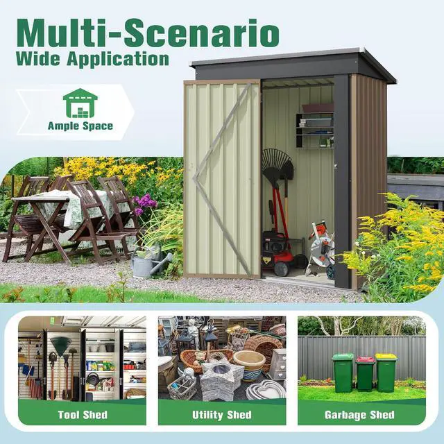 Alt view image 6 of 7 - 5x3 FT Storage Shed Waterproof Metal Garden Shed with Lockable Door Utility Tool Shed Outdoor Storage for Backyard, Patio and Lawn, Brown