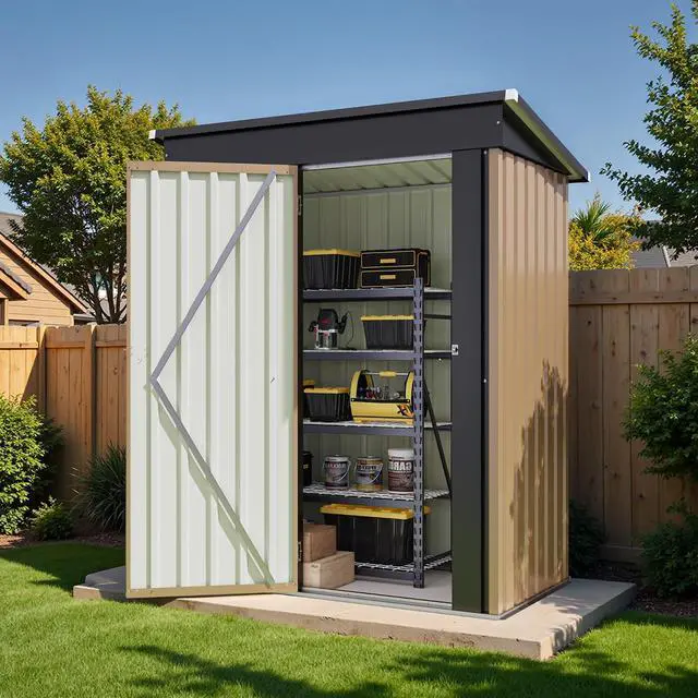 Alt view image 7 of 7 - 5x3 FT Storage Shed Waterproof Metal Garden Shed with Lockable Door Utility Tool Shed Outdoor Storage for Backyard, Patio and Lawn, Brown