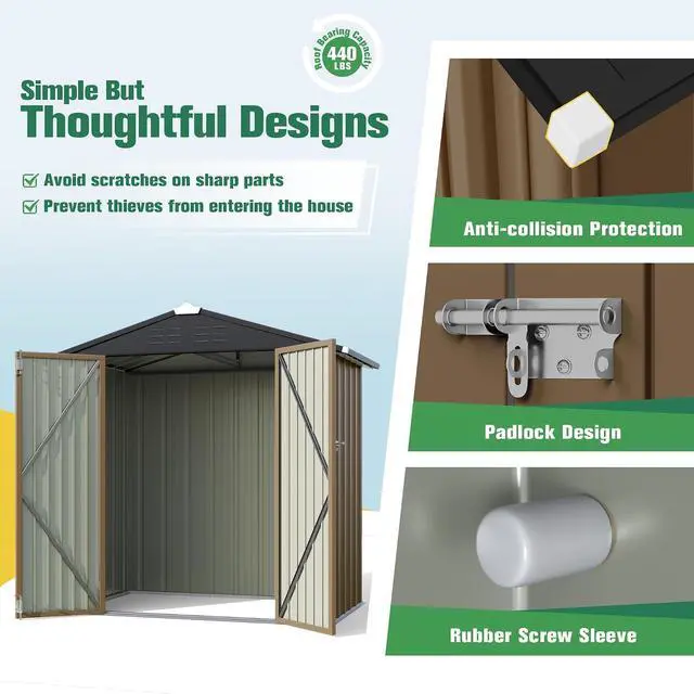 Alt view image 4 of 7 - 6x4 FT Storage Shed Waterproof Metal Garden Shed with Lockable Door Utility Tool Shed Outdoor Storage for Backyard, Patio and Lawn, Brown