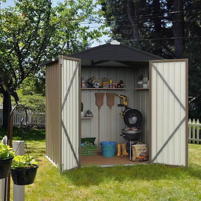 Alt view image 2 of 7 - 6x4 FT Storage Shed Waterproof Metal Garden Shed with Lockable Door Utility Tool Shed Outdoor Storage for Backyard, Patio and Lawn, Brown