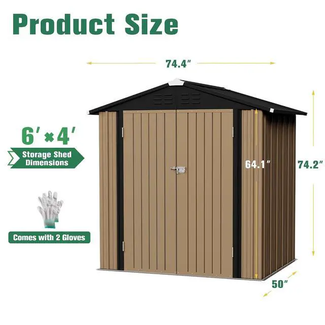 Alt view image 5 of 7 - 6x4 FT Storage Shed Waterproof Metal Garden Shed with Lockable Door Utility Tool Shed Outdoor Storage for Backyard, Patio and Lawn, Brown