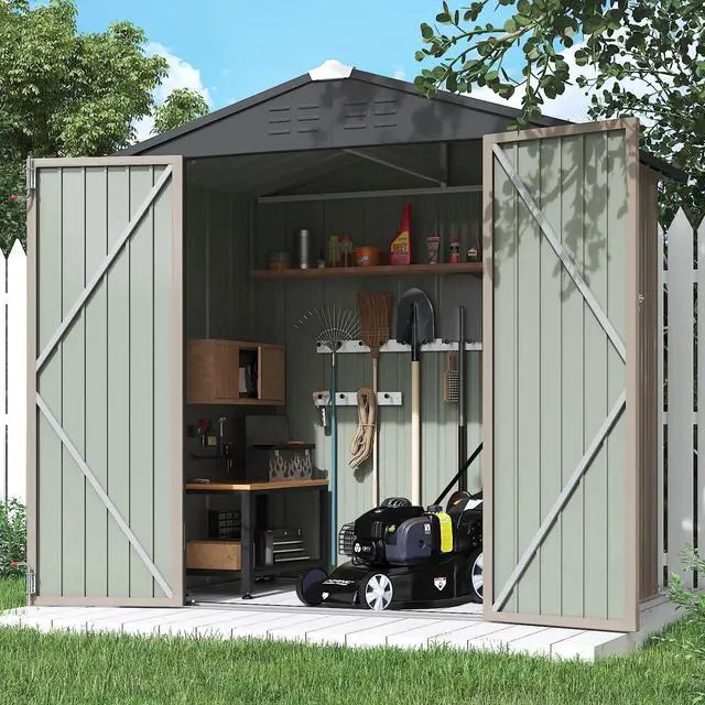 Alt view image 6 of 7 - 6x4 FT Storage Shed Waterproof Metal Garden Shed with Lockable Door Utility Tool Shed Outdoor Storage for Backyard, Patio and Lawn, Brown
