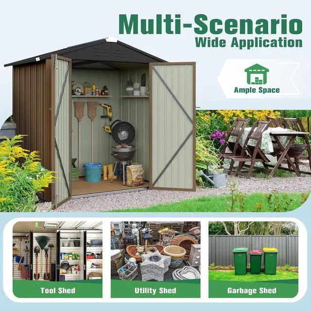 Alt view image 7 of 7 - 6x4 FT Storage Shed Waterproof Metal Garden Shed with Lockable Door Utility Tool Shed Outdoor Storage for Backyard, Patio and Lawn, Brown