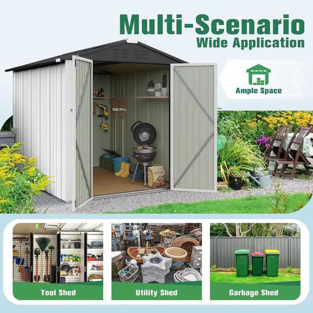 Main image of 6x8 FT Storage Shed Waterproof Metal Garden Shed with Lockable Door Utility Tool Shed Outdoor Storage for Backyard, Patio and Lawn, White