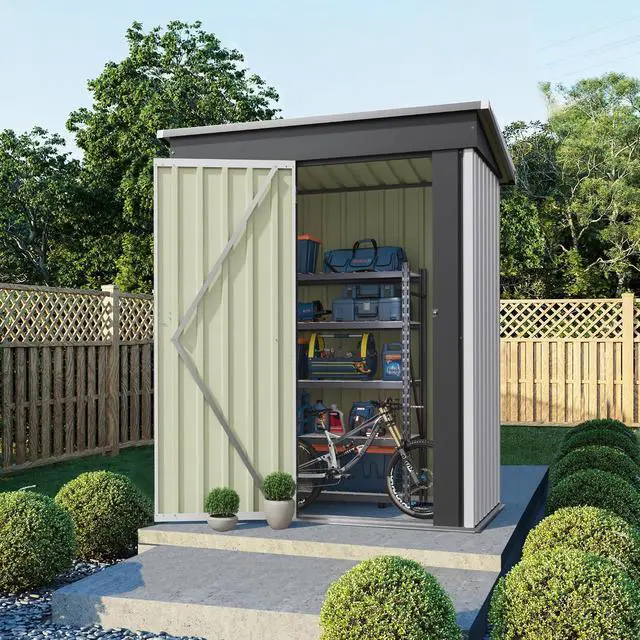 Alt view image 2 of 7 - 5x3 FT Storage Shed Waterproof Metal Garden Shed with Lockable Door Utility Tool Shed Outdoor Storage for Backyard, Patio and Lawn, White
