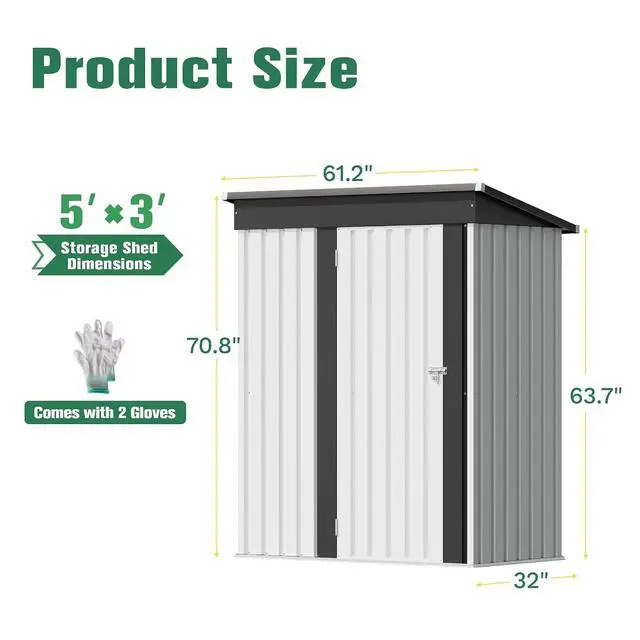 Alt view image 5 of 7 - 5x3 FT Storage Shed Waterproof Metal Garden Shed with Lockable Door Utility Tool Shed Outdoor Storage for Backyard, Patio and Lawn, White