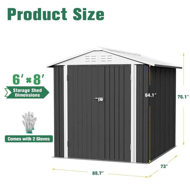 Alt view image 5 of 7 - 6x8 FT Storage Shed Waterproof Metal Garden Shed with Lockable Door Utility Tool Shed Outdoor Storage for Backyard, Patio and Lawn, Grey