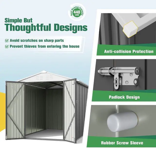 Alt view image 4 of 7 - 6x8 FT Storage Shed Waterproof Metal Garden Shed with Lockable Door Utility Tool Shed Outdoor Storage for Backyard, Patio and Lawn, Grey
