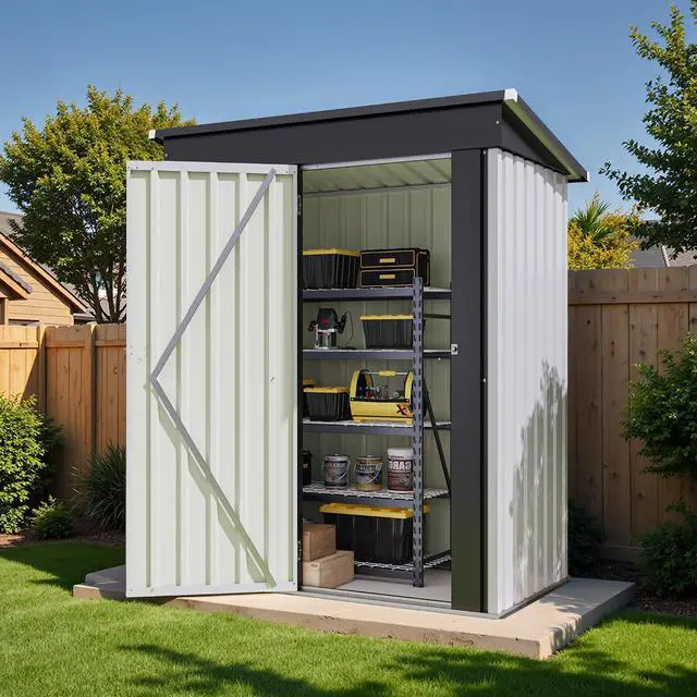 Alt view image 7 of 7 - 5x3 FT Storage Shed Waterproof Metal Garden Shed with Lockable Door Utility Tool Shed Outdoor Storage for Backyard, Patio and Lawn, White