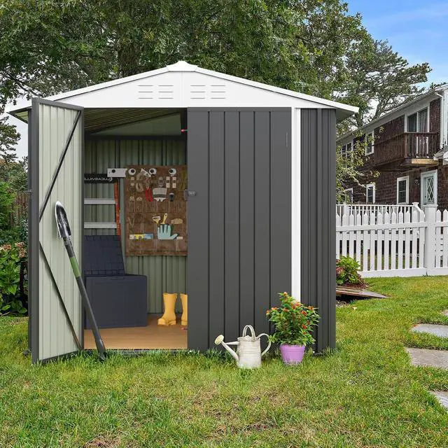 Alt view image 6 of 7 - 6x8 FT Storage Shed Waterproof Metal Garden Shed with Lockable Door Utility Tool Shed Outdoor Storage for Backyard, Patio and Lawn, Grey