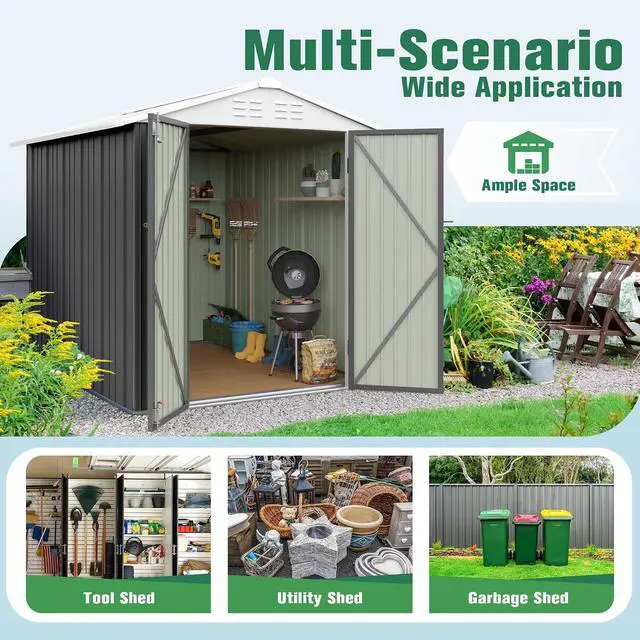 Alt view image 7 of 7 - 6x8 FT Storage Shed Waterproof Metal Garden Shed with Lockable Door Utility Tool Shed Outdoor Storage for Backyard, Patio and Lawn, Grey