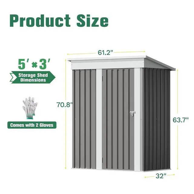 Alt view image 5 of 7 - 5x3 FT Storage Shed Waterproof Metal Garden Shed with Lockable Door Utility Tool Shed Outdoor Storage for Backyard, Patio and Lawn, Grey