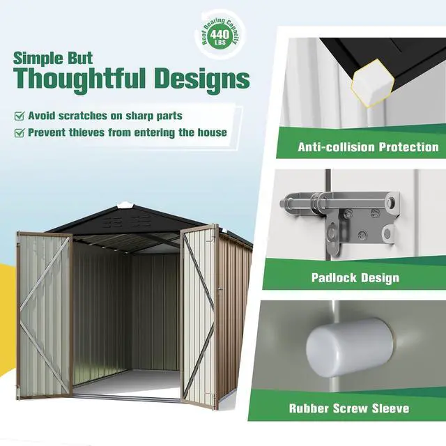 Alt view image 4 of 7 - 6x8 FT Storage Shed Waterproof Metal Garden Shed with Lockable Door Utility Tool Shed Outdoor Storage for Backyard, Patio and Lawn, Brown