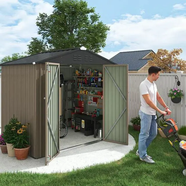 Alt view image 6 of 7 - 6x8 FT Storage Shed Waterproof Metal Garden Shed with Lockable Door Utility Tool Shed Outdoor Storage for Backyard, Patio and Lawn, Brown