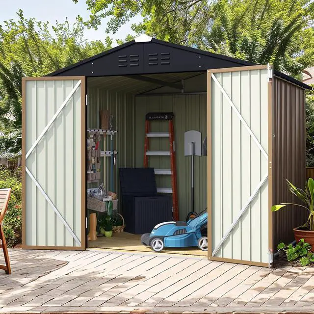 Alt view image 2 of 7 - 6x8 FT Storage Shed Waterproof Metal Garden Shed with Lockable Door Utility Tool Shed Outdoor Storage for Backyard, Patio and Lawn, Brown