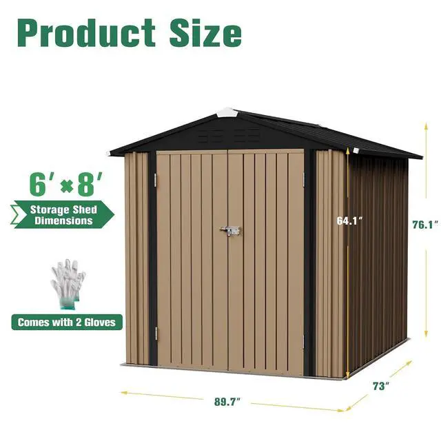 Alt view image 5 of 7 - 6x8 FT Storage Shed Waterproof Metal Garden Shed with Lockable Door Utility Tool Shed Outdoor Storage for Backyard, Patio and Lawn, Brown