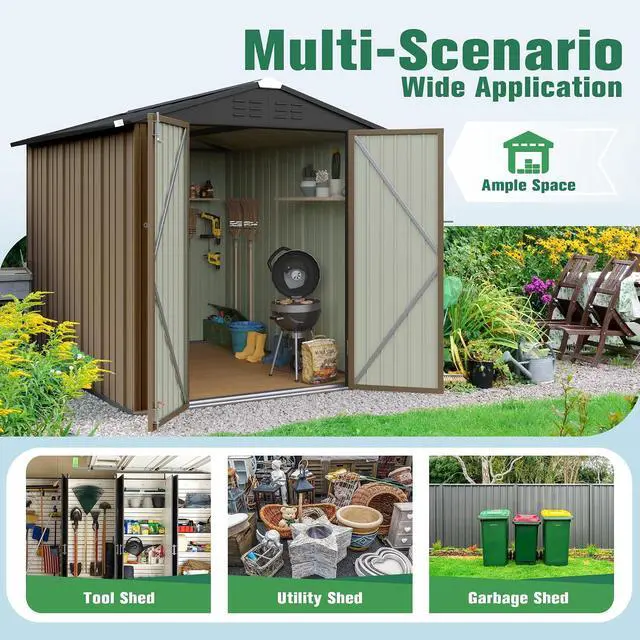 Alt view image 7 of 7 - 6x8 FT Storage Shed Waterproof Metal Garden Shed with Lockable Door Utility Tool Shed Outdoor Storage for Backyard, Patio and Lawn, Brown