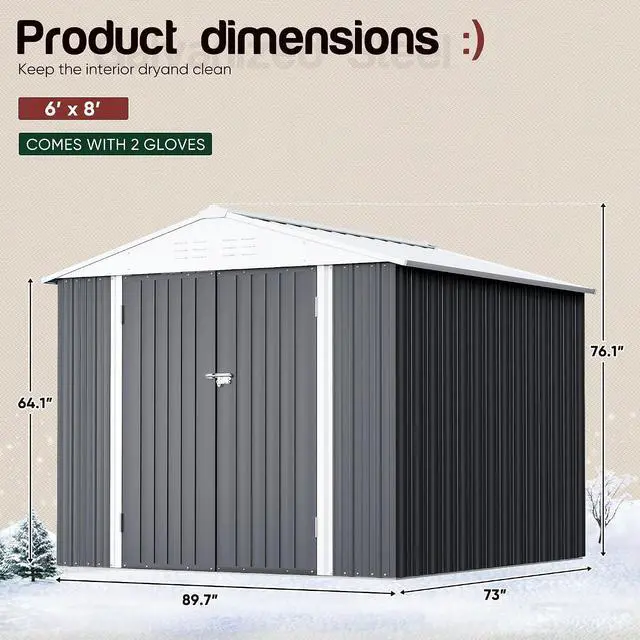 Alt view image 3 of 6 - 8 x 6 FT Shed Outdoor Storage Shed Metal Garden Shed with Lockable Door Outside Waterproof Tool Shed for Backyard, Patio, Lawn (Gray)