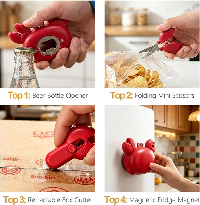 Alt view image 4 of 7 - Magnetic Multifunctional Bottle Opener for Fridge, 4-in-1 Crab Bottle Opener Retractable Safe Package Cutter Folding Scissors Fridge Decor for Home & Office Yellow 1 Pack