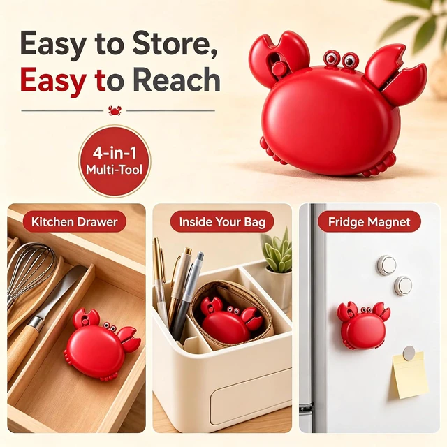 Alt view image 5 of 7 - Magnetic Multifunctional Bottle Opener for Fridge, 4-in-1 Crab Bottle Opener Retractable Safe Package Cutter Folding Scissors Fridge Decor for Home & Office Yellow 1 Pack
